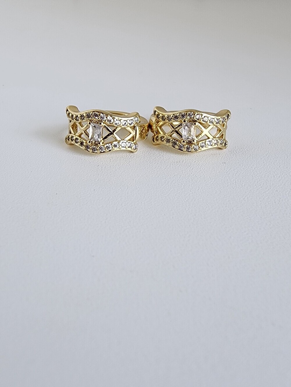 Gold Plated Mini Hoop Earrings CZ Baguette Crystal Lattice Huggies - Picture 2 of 5